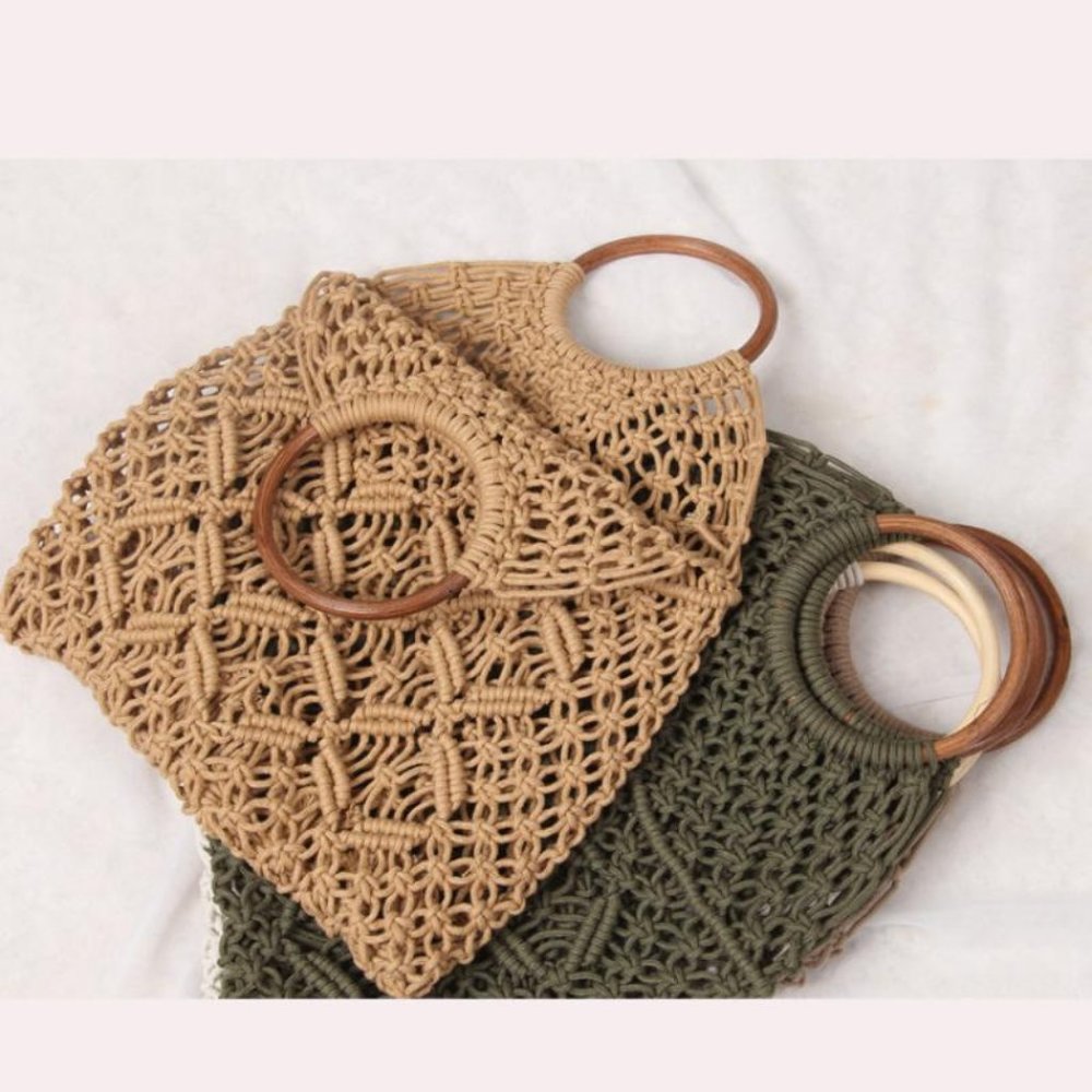 Cotton crochet tote bag with wood handle